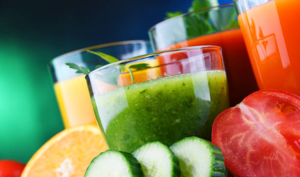 Glasses with fresh organic vegetable and fruit juices. detox diet