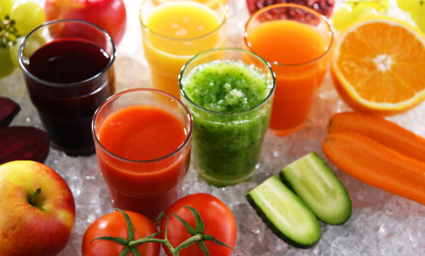 Glasses with fresh organic vegetable and fruit juices. detox diet