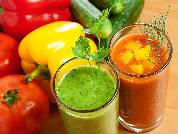"healthy drink, vegetable juice, red and green"